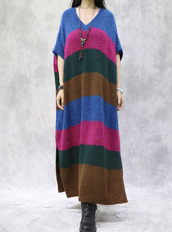 Plus Size Batwing Sleeve Striped Long Sweater Dress