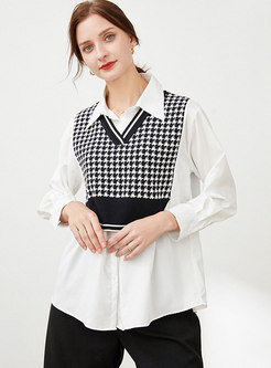 Long Sleeve Houndstooth Knit Pullover Blouse