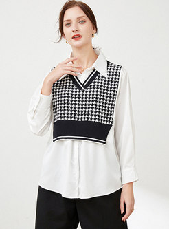 Long Sleeve Houndstooth Knit Pullover Blouse