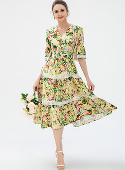 Sweet V-neck Floral Big Hem Midi Dress