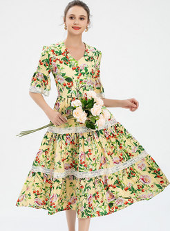 Sweet V-neck Floral Big Hem Midi Dress