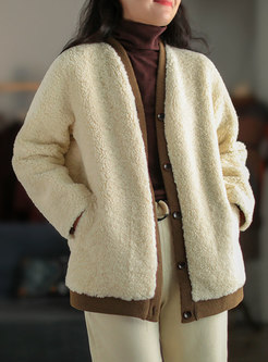 V-neck Single-breasted Faux Suede Fleece Coat