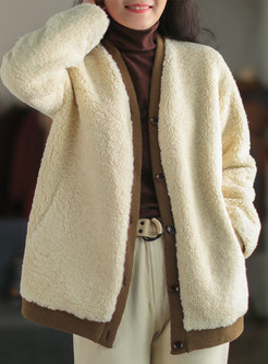 V-neck Single-breasted Faux Suede Fleece Coat