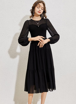 Long Sleeve Knitted Patchwork Midi Dress