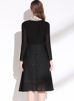 Long Sleeve Ribbon Knee-length Black Dress