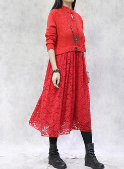 Mandarin Collar Lace Patchwork Midi Sweater Dress