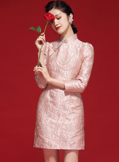 Long Sleeve Jacquard Beaded Short Cheongsam Dress