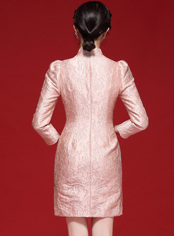 Long Sleeve Jacquard Beaded Short Cheongsam Dress