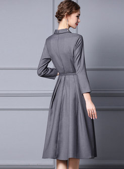 V-neck Long Sleeve Belted Work Midi Dress