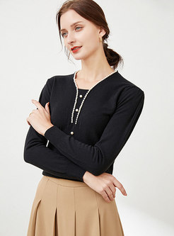 V-neck Beaded Long Sleeve Pullover Sweater Tee