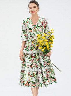 V-neck Half Sleeve Big Hem Floral Midi Dress
