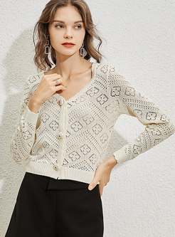 V-neck Crochet Openwork Cardigan Sweater