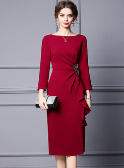 Long Sleeve Ruched Ruffle Midi Cocktail Party Dress