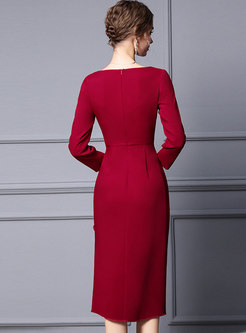 Long Sleeve Ruched Ruffle Midi Cocktail Party Dress