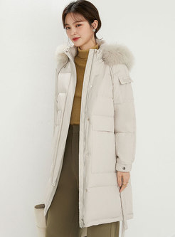 Faux Fur Hooded Flap Pockets Mid-length Puffer Coat