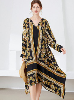 Plus Size V-neck Long Sleeve Satin Midi Dress