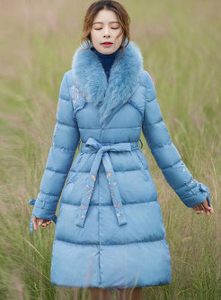Faux Fur Collar Embroidered Wrap Puffer Coat