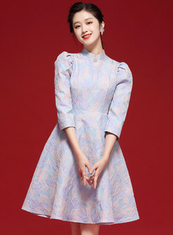 Mock Neck Puff Sleeve Jacquard Cheongsam Dress