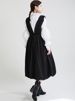 Square Neck Sleeveless Ruched Midi Black Dress