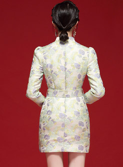 Mandarin Collar Long Sleeve Jacquard Short Dress