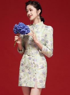 Mandarin Collar Long Sleeve Jacquard Short Dress