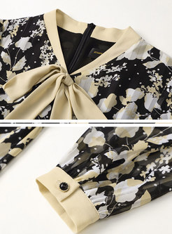 Bowknot-tie Long Sleeve Floral Chiffon Dress
