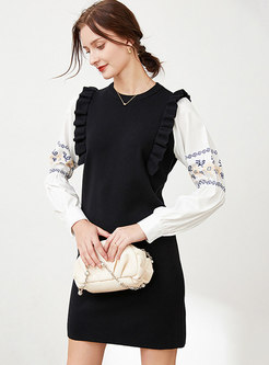 Long Sleeve Embroidered Short Sweater Dress