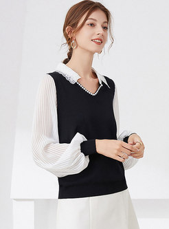 Lantern Sleeve Knit Patchwork Pullover Blouse