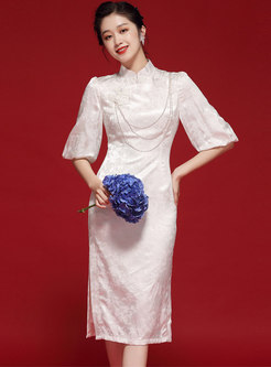 Lantern Sleeve Jacquard Cheongsam Midi Dress