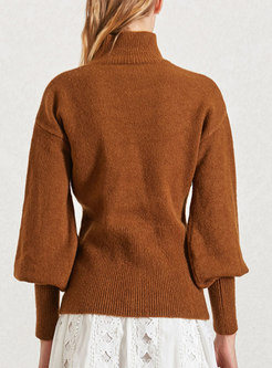 Turtleneck Pullover Lantern Sleeve Sweater