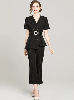 Work Double-breasted Belted Blouse & Baggy Flare Pants