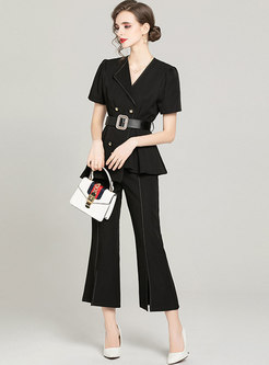 Work Double-breasted Belted Blouse & Baggy Flare Pants