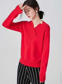 V-neck Long Sleeve Ribbed Pullover Sweater