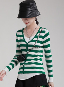 Single-breasted Striped Long Sleeve Cardigan
