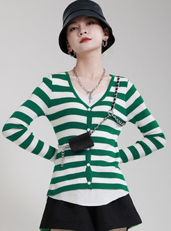 Single-breasted Striped Long Sleeve Cardigan
