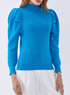 Mock Neck Puff Sleeve Pullover Sweater