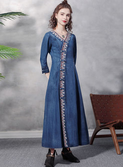 V-neck Long Sleeve Embroidered Long Denim Dress