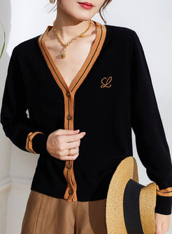 V-neck Color-blocked Long Sleeve Cardigan Sweater