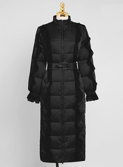 Long Sleeve Ruffle Belted Mid-length Down Coat