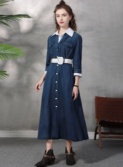 Long Sleeve Belted Button-down Denim Maxi Dress