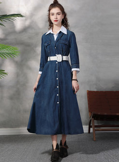 Long Sleeve Belted Button-down Denim Maxi Dress