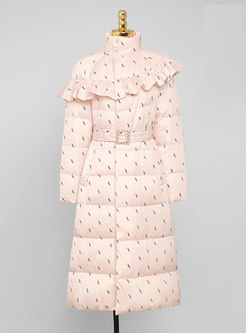 Letter Printed Ruffle Belted Long Puffer Coat