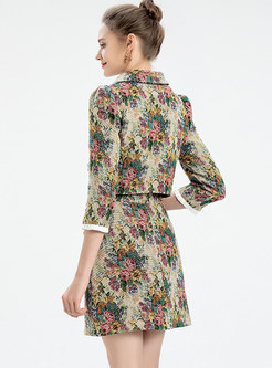 Floral Flap Pockets Short Jacket & Sheath Mini Skirt
