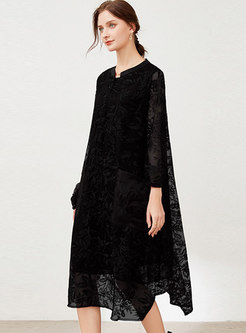 Plus Size Long Sleeve Openwork Lace Midi Dress