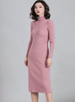 Turtleneck Long Sleeve Slim Midi Sweater Dress