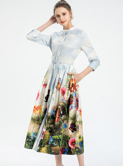 Long Sleeve Printed Belted Maxi Dress