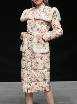 V-neck Floral Belted Mid-length Puffer Coat