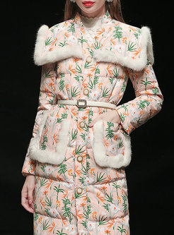 V-neck Floral Belted Mid-length Puffer Coat