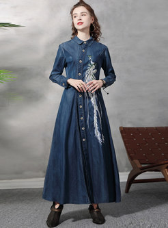 Long Sleeve Embroidered Single-breasted Denim Dress