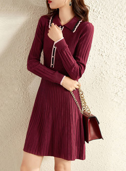 Long Sleeve Ribbed Pleated Short Sweater Dress